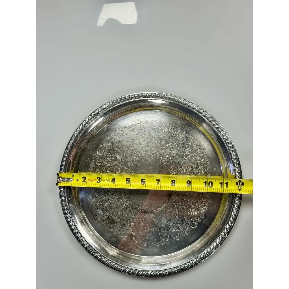 Vintage Silverplate Serving Tray 12” Round Ornate Floral Scrollwork